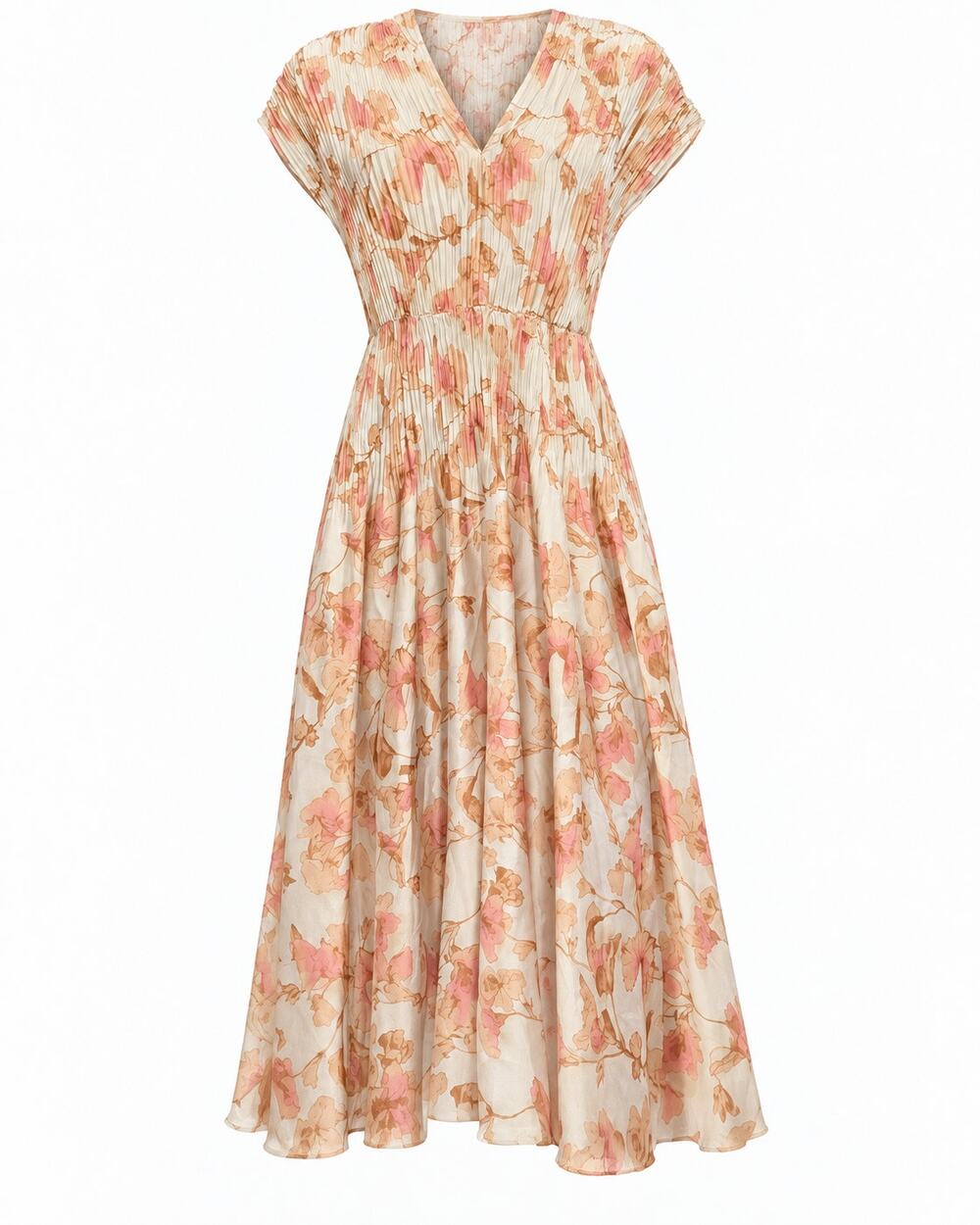 Vince Cream Peach Floral Pleated Maxi Dress Size Large Flutter Sleeve Worn Once
